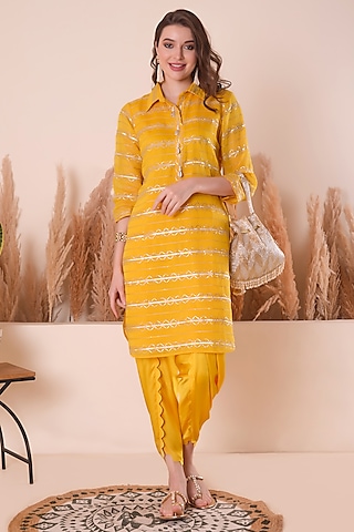 Golden Yellow Modal Satin Scalloped Dhoti Set by Surabhi Arya