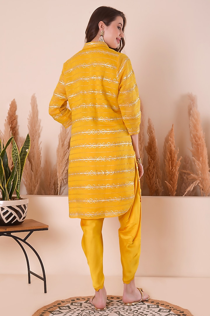 Golden Yellow Modal Satin Scalloped Dhoti Set by Surabhi Arya at Pernia's Pop Up Shop