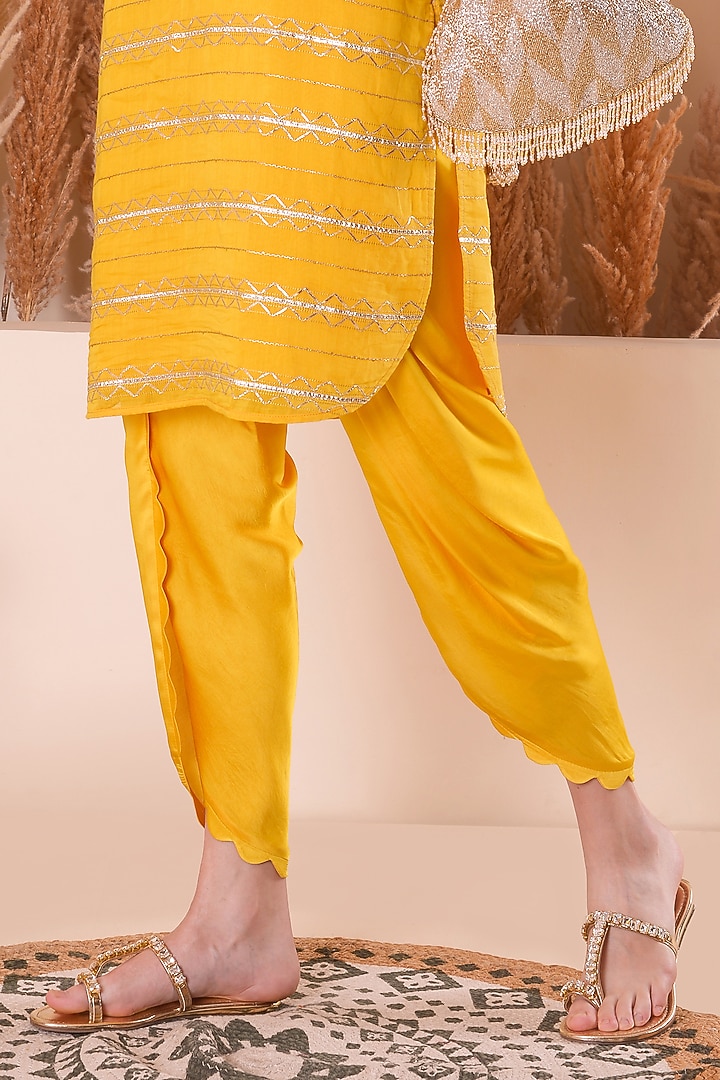 Golden Yellow Modal Satin Scalloped Dhoti Set by Surabhi Arya at Pernia's Pop Up Shop