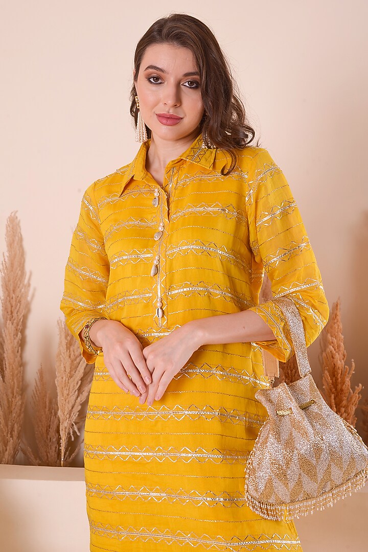 Golden Yellow Modal Satin Scalloped Dhoti Set by Surabhi Arya at Pernia's Pop Up Shop