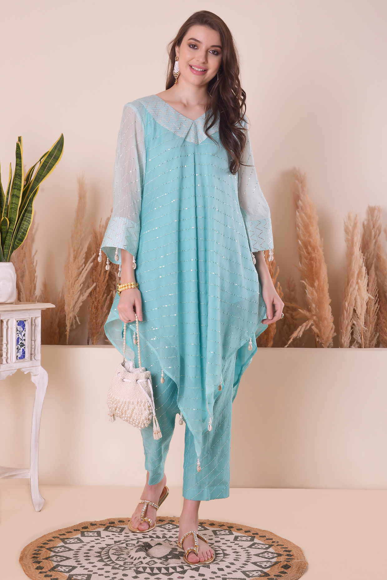 Serene Sky Blue Chanderi Asymmetric Kurta Set by Surabhi Arya at Pernia's Pop Up Shop