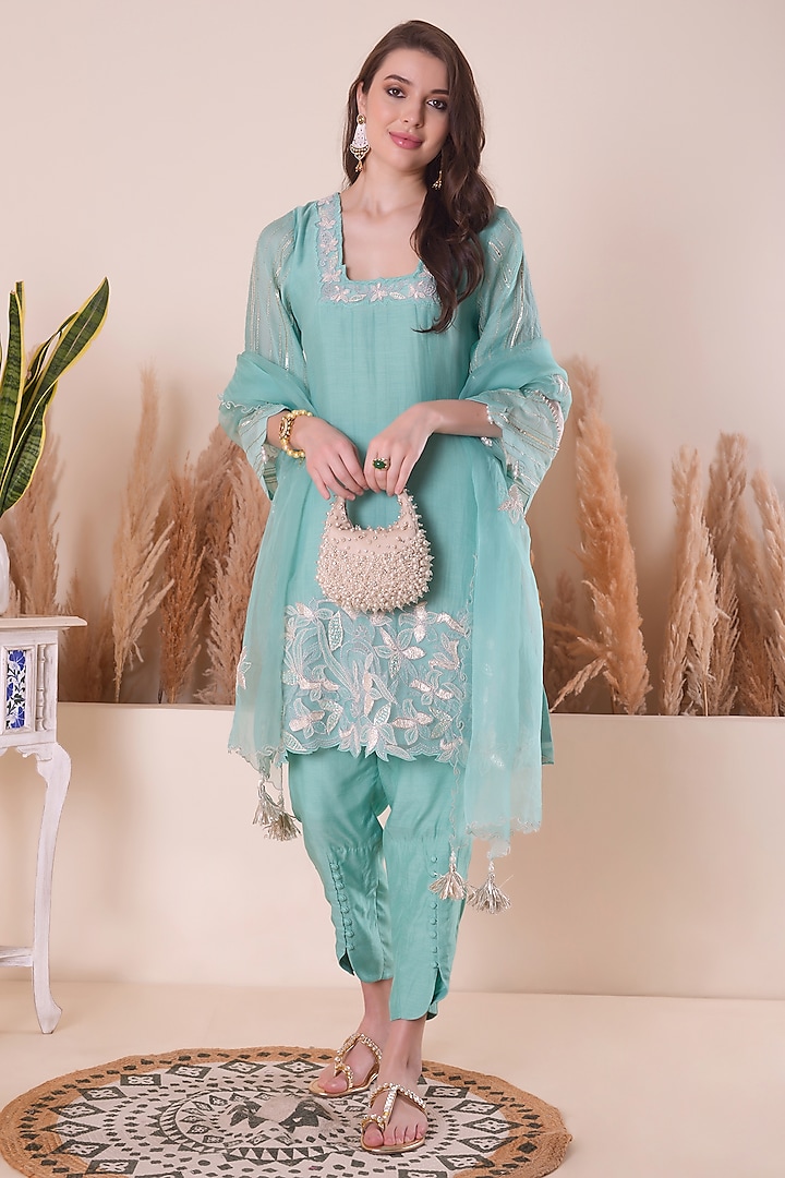 Sky Blue Mul Chanderi Gota Kurta Set by Surabhi Arya at Pernia's Pop Up Shop