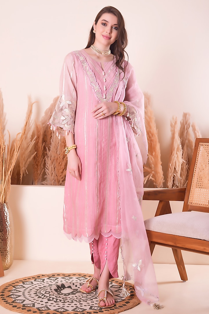 Peony Pink Mul Chanderi Cutwork Embroidered Kurta Set by Surabhi Arya at Pernia's Pop Up Shop