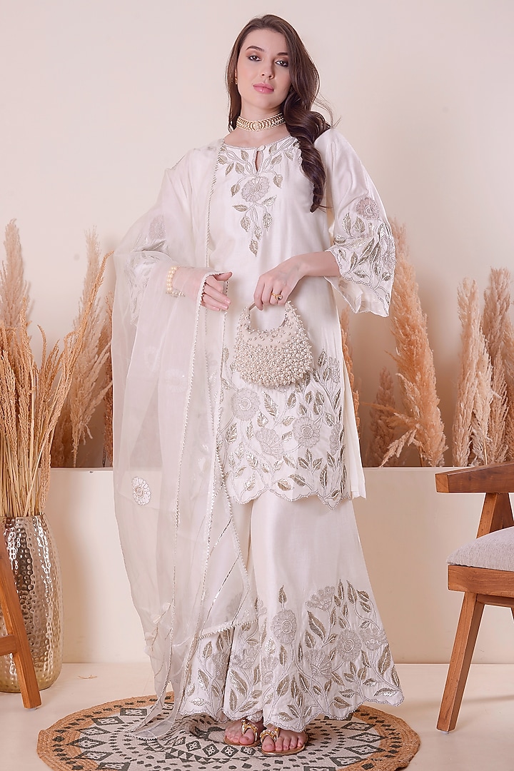 Ivory Bemberg Silk Gota Zari Embroidered Sharara Set by Surabhi Arya at Pernia's Pop Up Shop