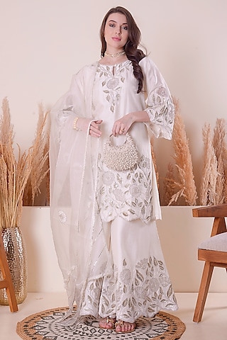 Ivory Bemberg Silk Gota Zari Embroidered Sharara Set by Surabhi Arya