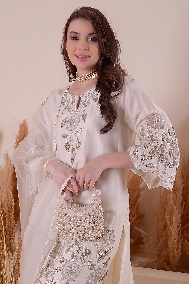 Ivory Bemberg Silk Gota Zari Embroidered Wedding Sharara Set by Surabhi Arya at Pernia's Pop Up Shop