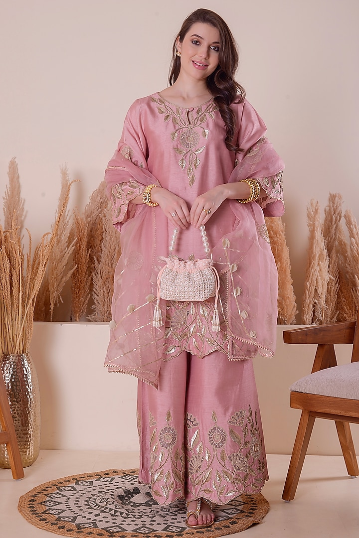 Pink Peony Bemberg Silk Gota Zari Embroidered Sharara Set by Surabhi Arya at Pernia's Pop Up Shop