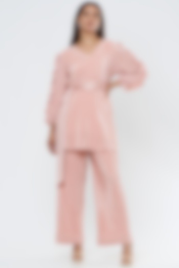 Peach Pleated Fabric Pant Set by Surabhi Arya at Pernia's Pop Up Shop