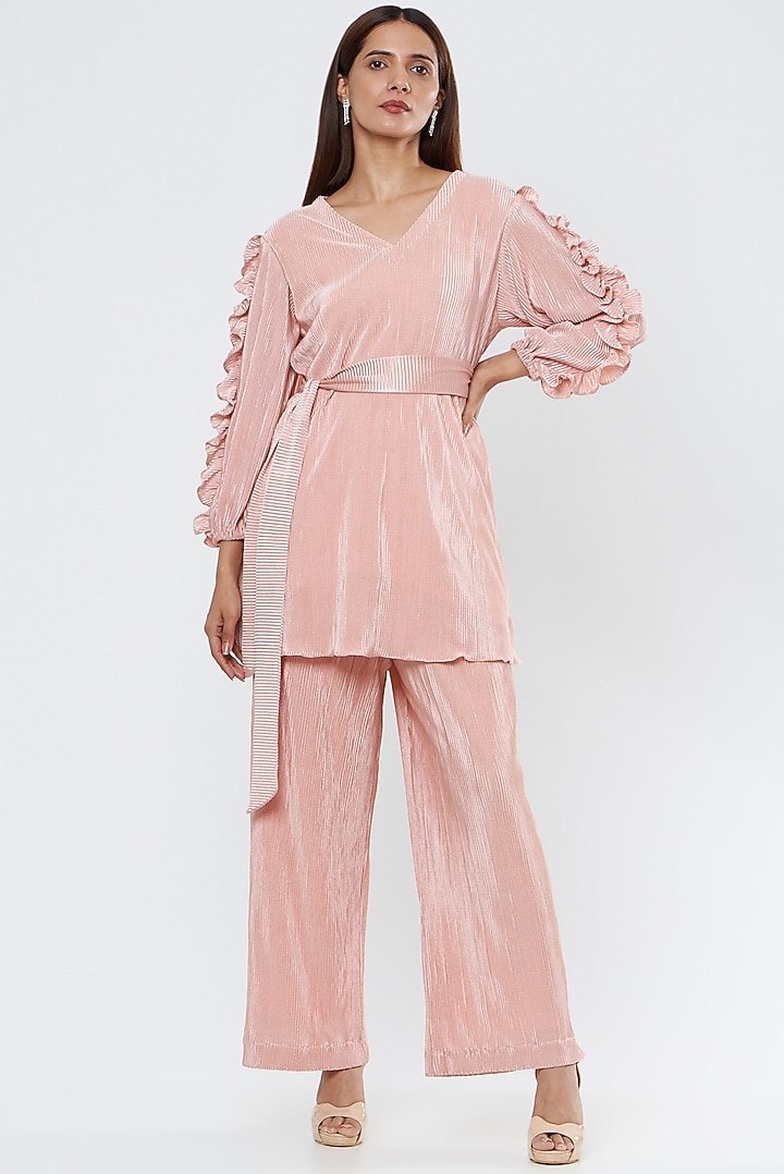 Peach Pleated Fabric Pant Set by Surabhi Arya at Pernia's Pop Up Shop