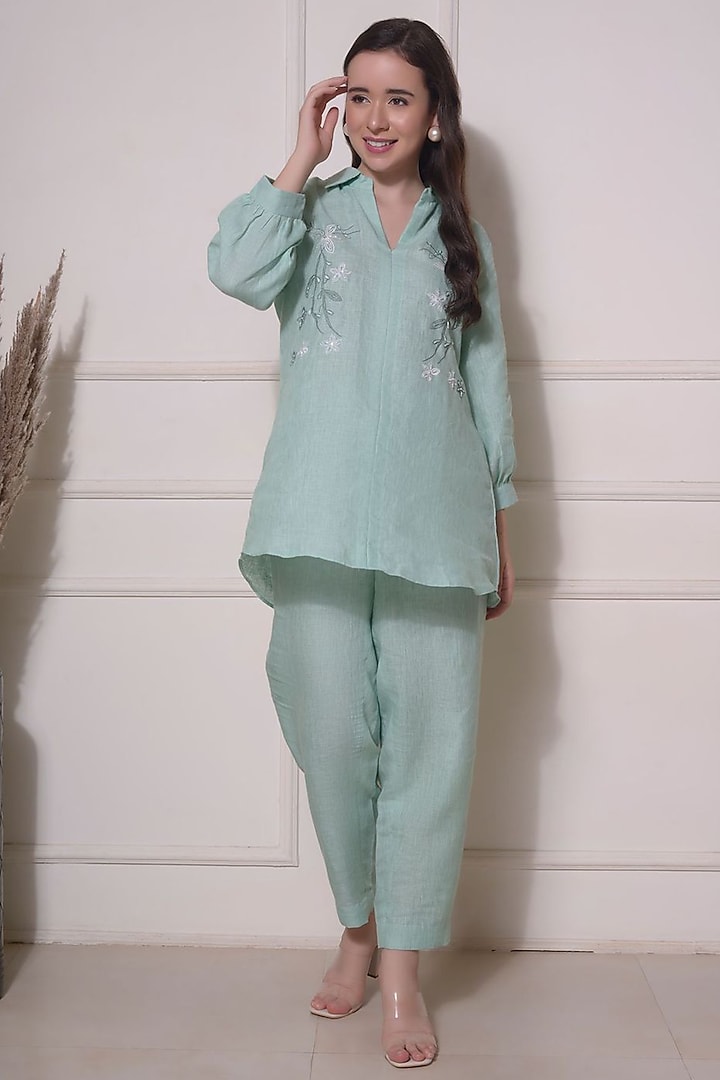 Mint Green Linen Embroidered Co-Ord Set by Surabhi Arya
