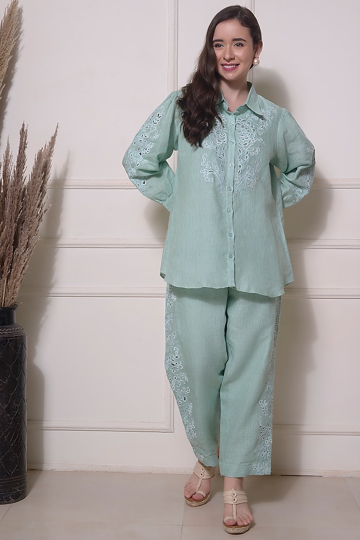 Mint Green Linen Embroidered Co-Ord Set by Surabhi Arya