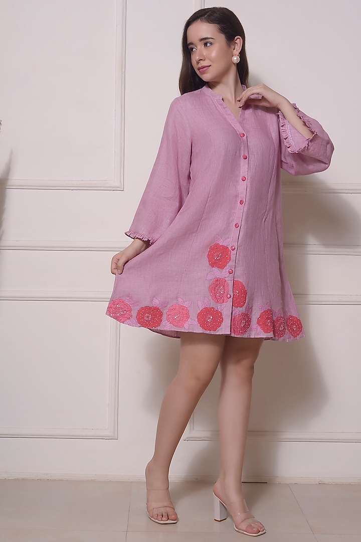 Rose Pink Linen Embellished Dress by Surabhi Arya at Pernia's Pop Up Shop  2026