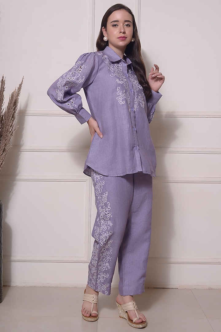 Lavender Linen Embroidered Co-Ord Set by Surabhi Arya