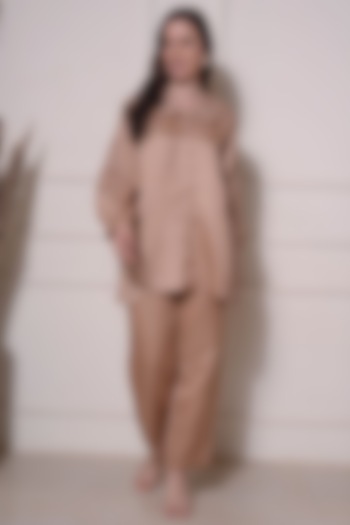 Brown Satin Linen Embroidered Co-Ord Set by Surabhi Arya at Pernia's Pop Up Shop