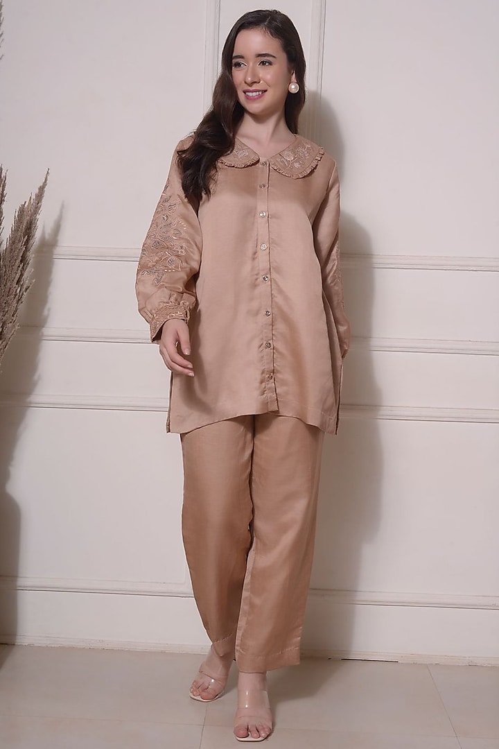 Brown Satin Linen Embroidered Co-Ord Set by Surabhi Arya at Pernia's Pop Up Shop