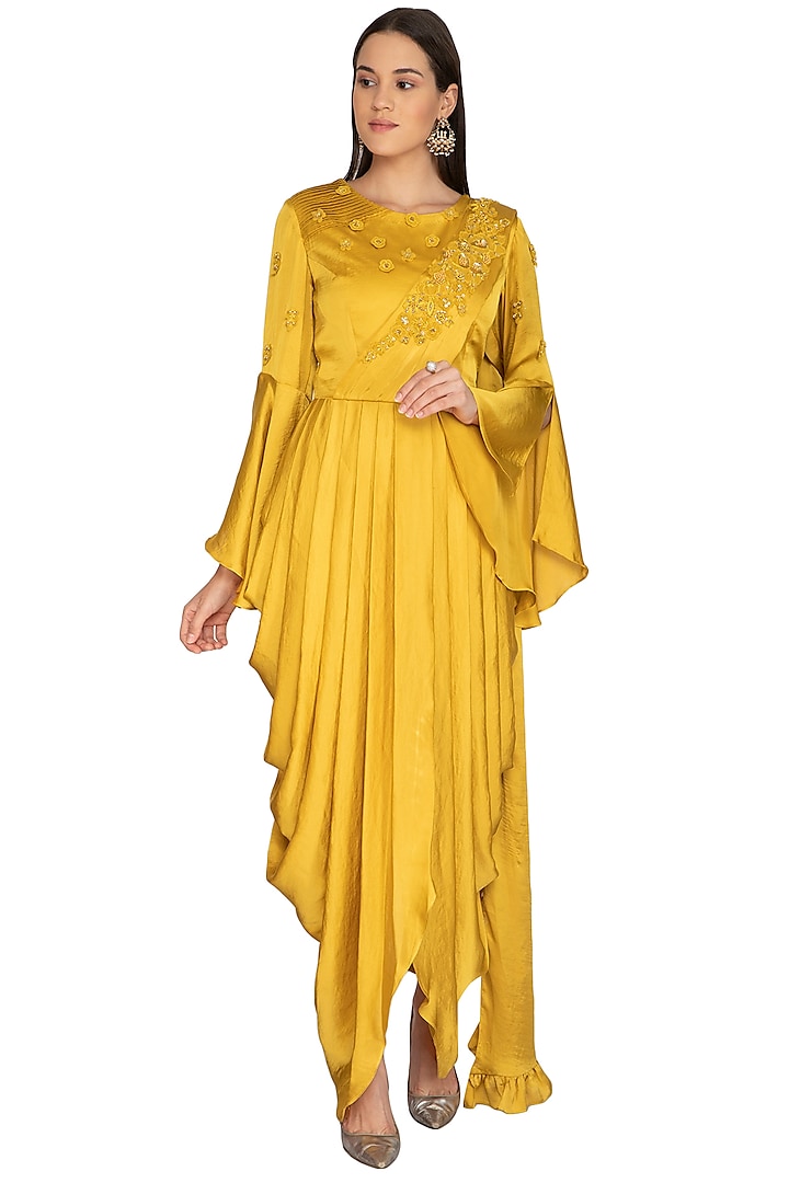 Mustard Embroidered Drape Dress With Churidar Pants by Surabhi Arya