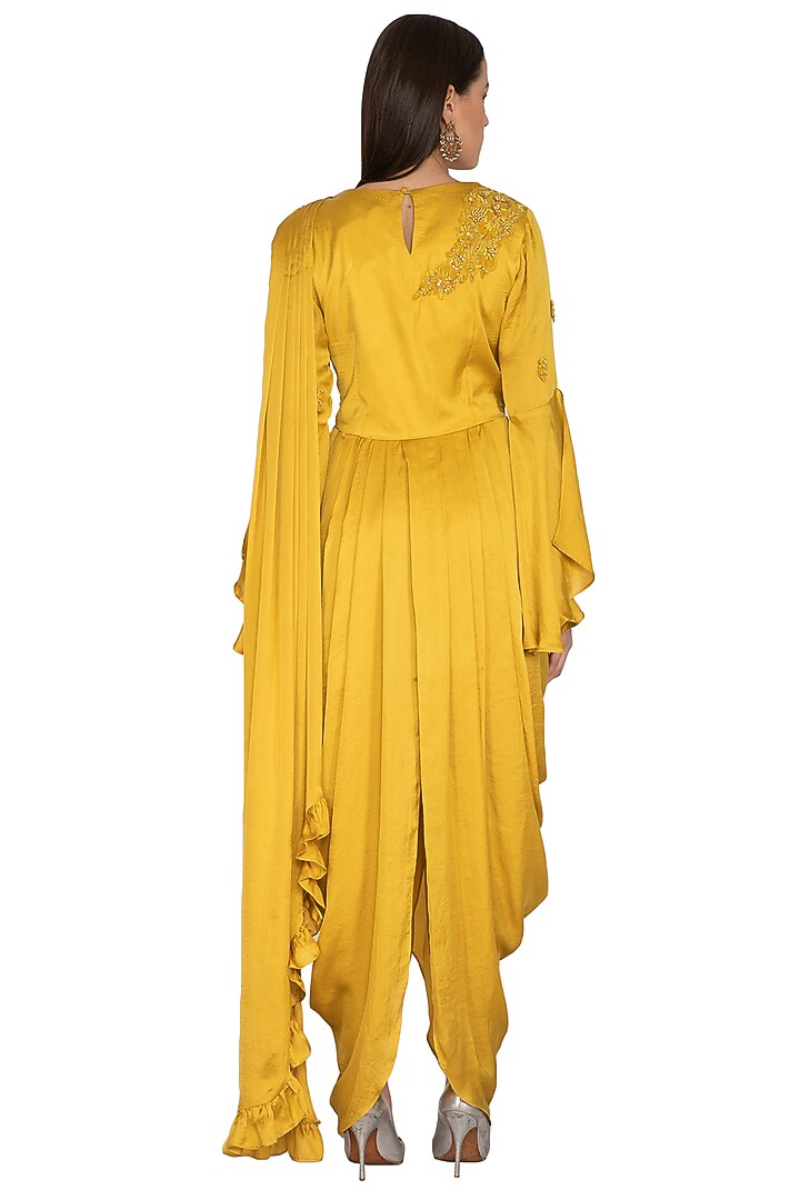 Mustard Embroidered Drape Dress With Churidar Pants by Surabhi Arya at Pernia's Pop Up Shop