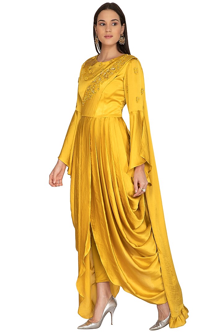 Mustard Embroidered Drape Dress With Churidar Pants by Surabhi Arya at Pernia's Pop Up Shop