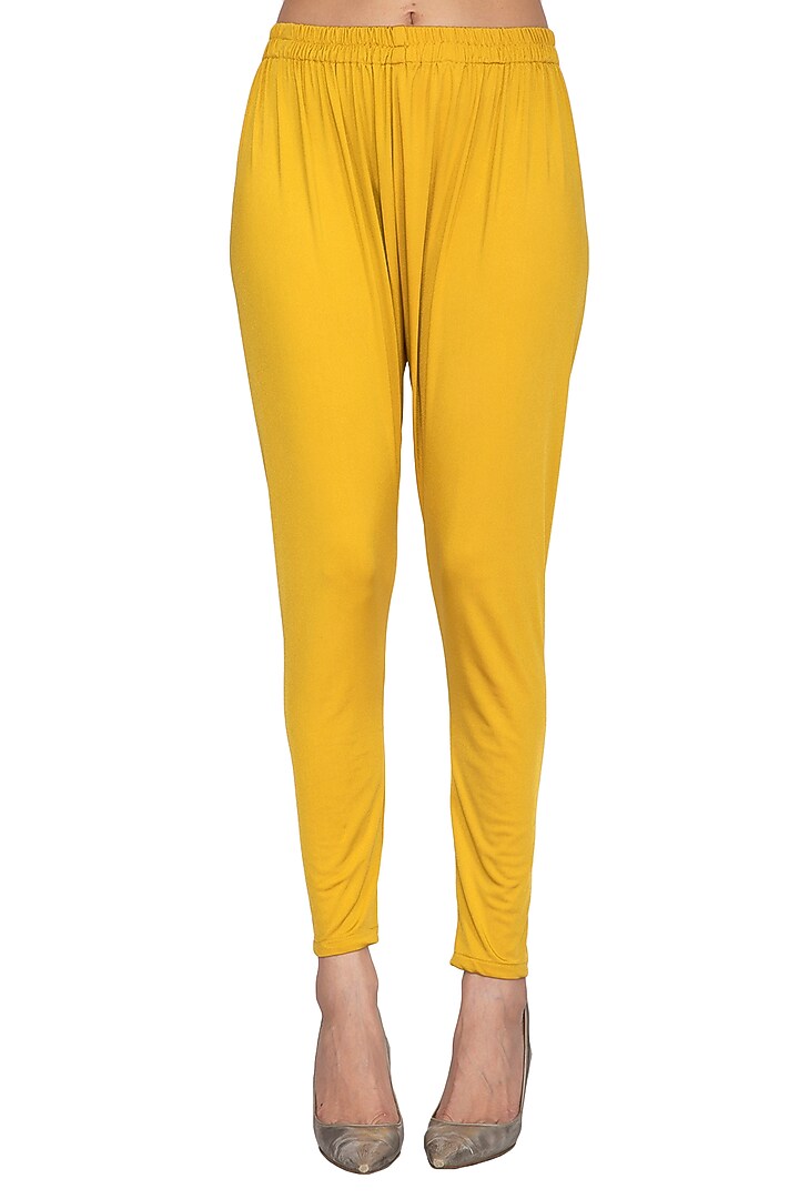 Mustard Embroidered Drape Dress With Churidar Pants by Surabhi Arya at Pernia's Pop Up Shop