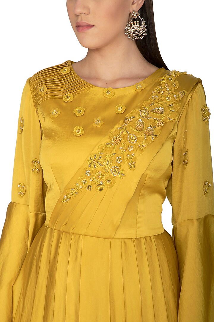 Mustard Embroidered Drape Dress With Churidar Pants by Surabhi Arya at Pernia's Pop Up Shop