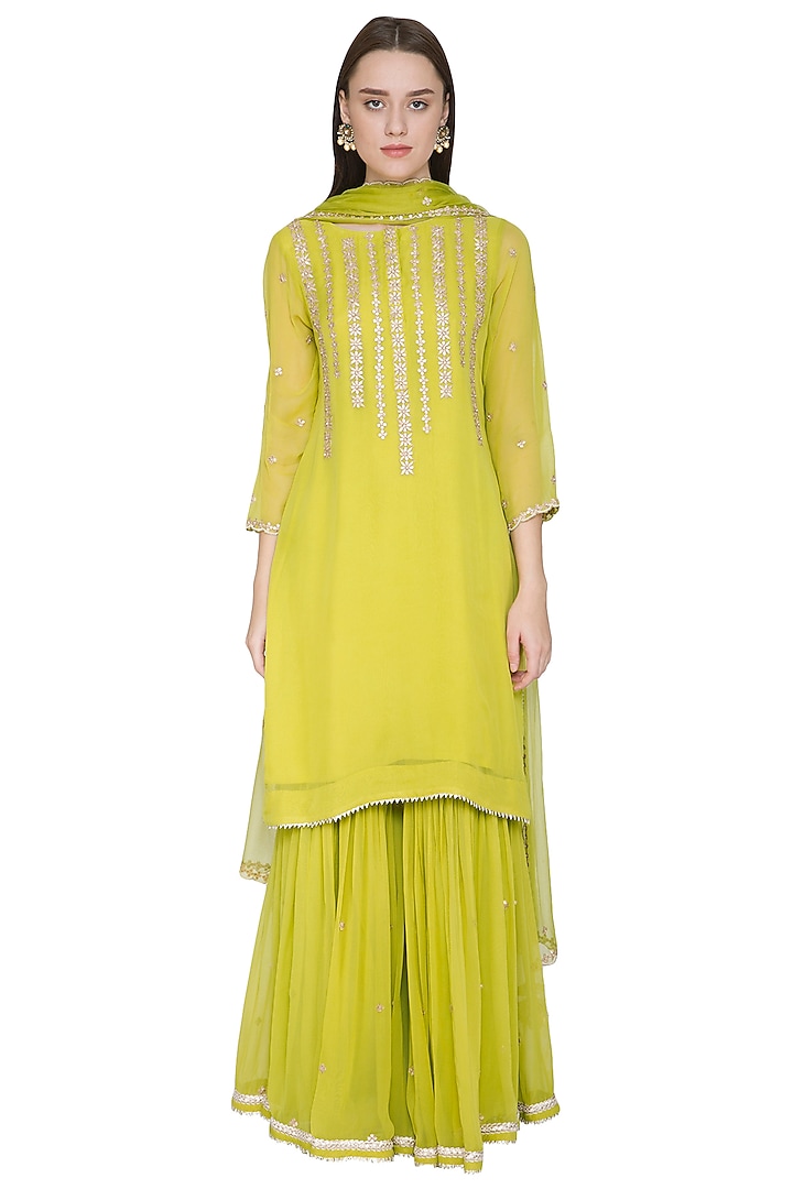 Light Green Embroidered Gharara Set by Surabhi Arya