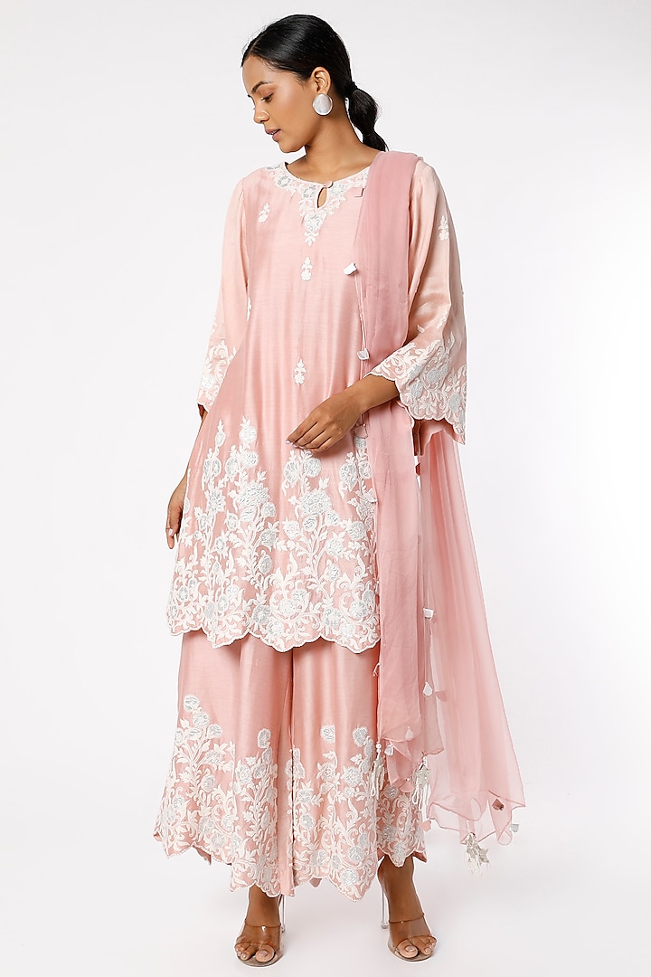 Onion Pink Party Wear Sharara Set With Applique Embroidery by Surabhi Arya at Pernia's Pop Up Shop