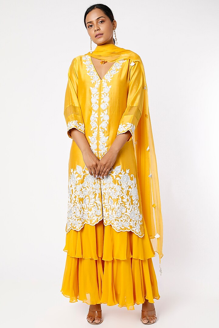 Vibrant Yellow Embroidered Layered Sharara Set by Surabhi Arya