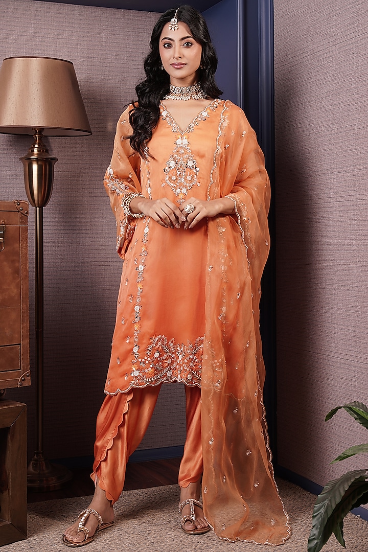 Tangerine Orange Ombre Organza Hand Embroidered Kurta Set by Surabhi Arya at Pernia's Pop Up Shop