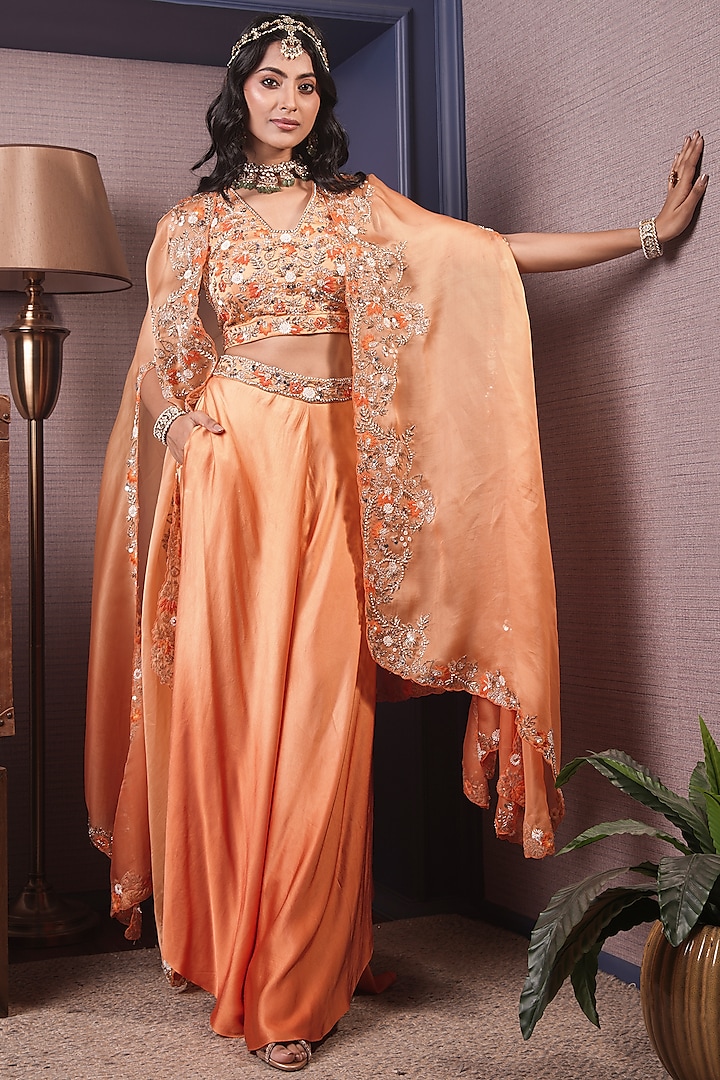 Tangerine Orange Ombre Organza Cape Set by Surabhi Arya at Pernia's Pop Up Shop