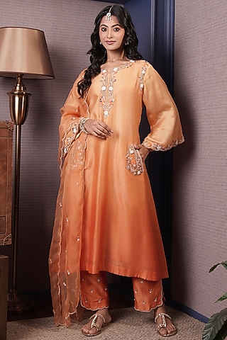 Tangerine Orange Ombre Chanderi Silk Hand Embroidered A-Line Kurta Set by Surabhi Arya