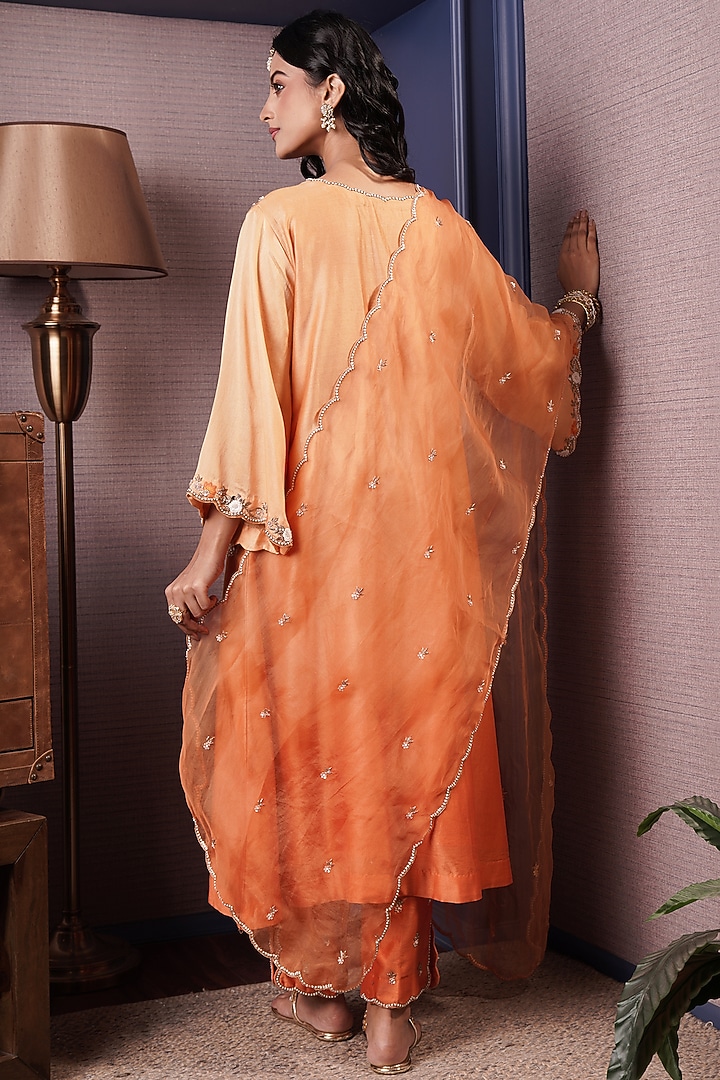 Tangerine Orange Ombre Chanderi Silk Hand Embroidered A-Line Kurta Set by Surabhi Arya at Pernia's Pop Up Shop