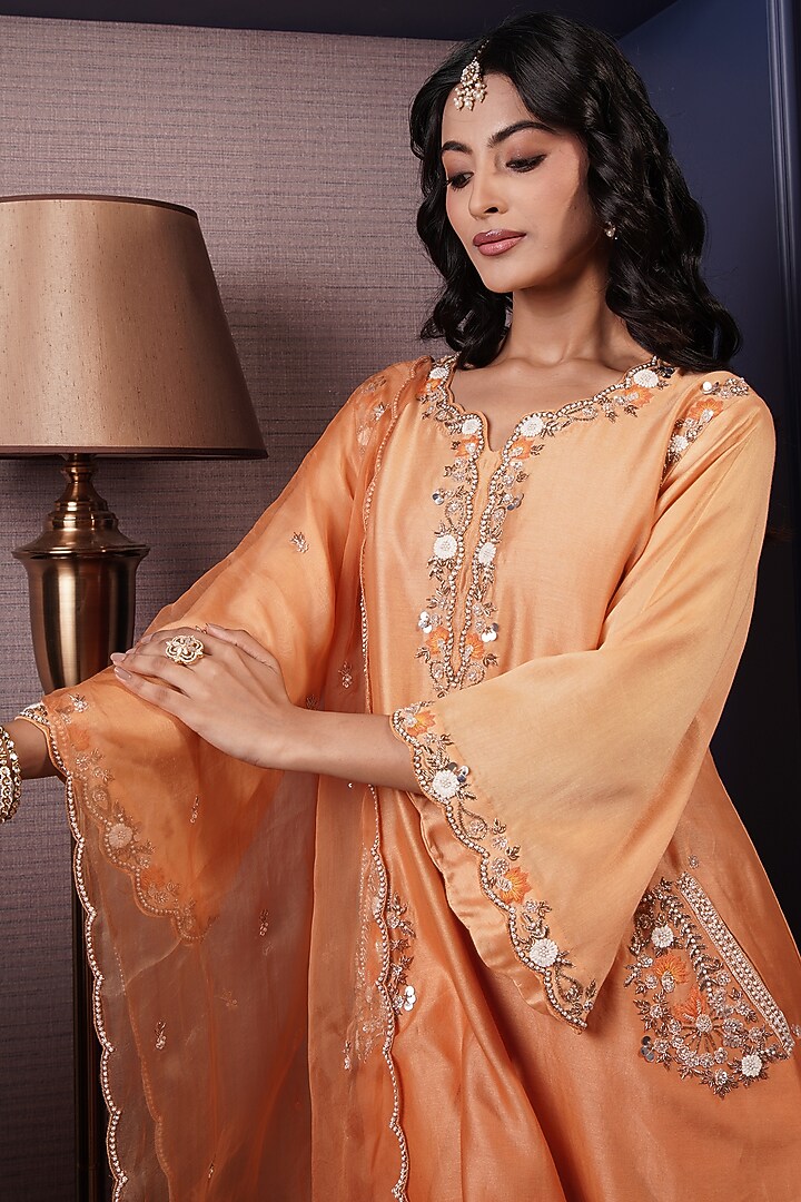 Tangerine Orange Ombre Chanderi Silk Hand Embroidered A-Line Kurta Set by Surabhi Arya at Pernia's Pop Up Shop