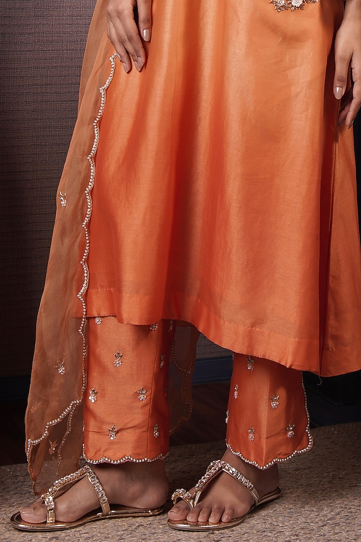 Tangerine Orange Ombre Chanderi Silk Hand Embroidered A-Line Kurta Set by Surabhi Arya at Pernia's Pop Up Shop