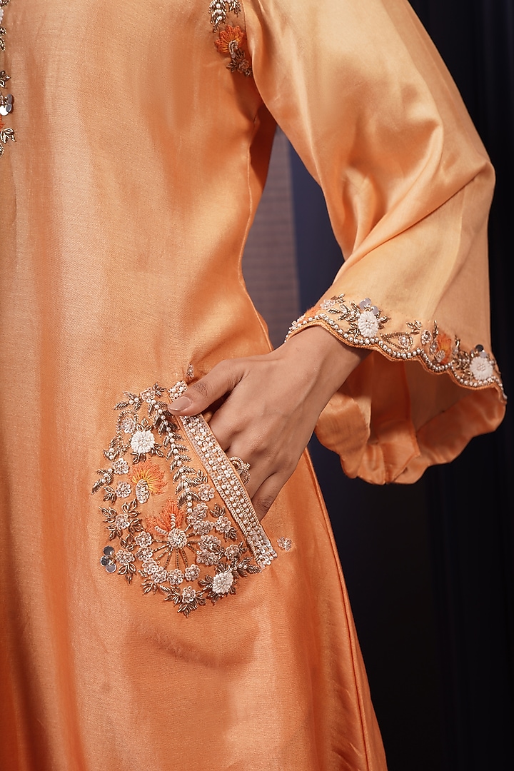 Tangerine Orange Ombre Chanderi Silk Hand Embroidered A-Line Kurta Set by Surabhi Arya at Pernia's Pop Up Shop