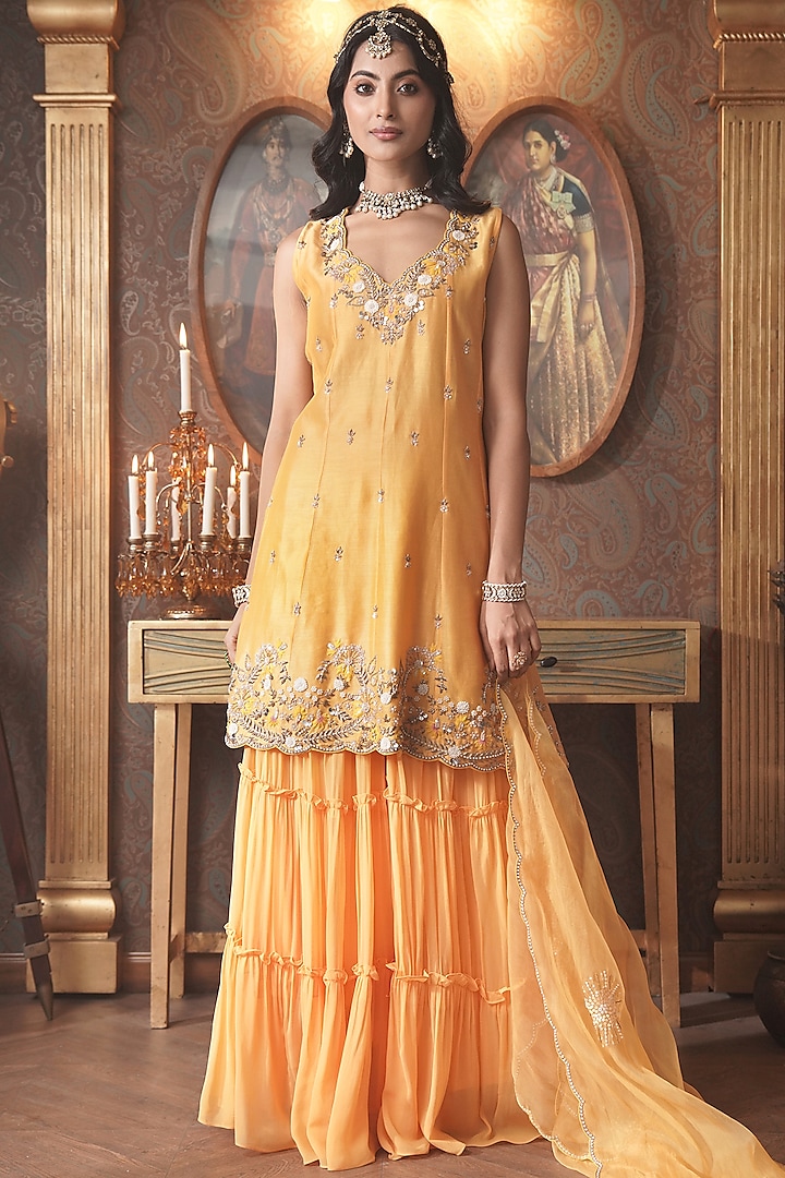 Papaya Yellow Georgette Tiered Gharara Set by Surabhi Arya at Pernia's Pop Up Shop