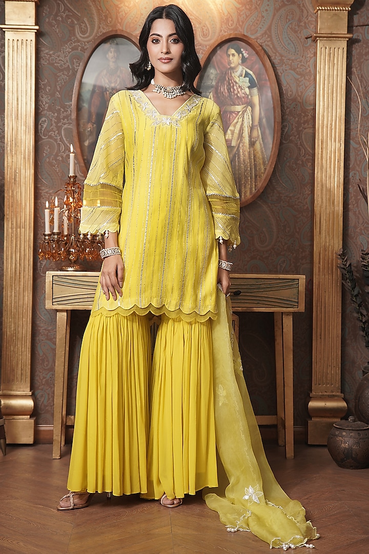 Lime Yellow Mul Chanderi Gharara Set by Surabhi Arya at Pernia's Pop Up Shop