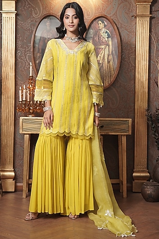 Lime Yellow Mul Chanderi Gharara Set by Surabhi Arya