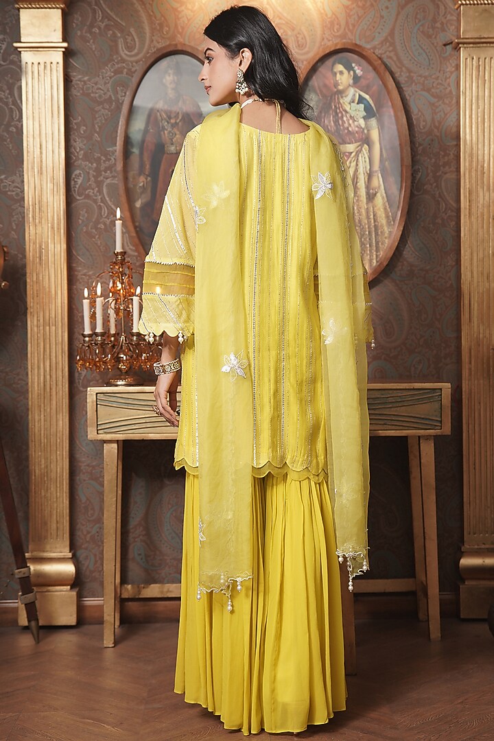 Lime Yellow Mul Chanderi Gharara Set by Surabhi Arya at Pernia's Pop Up Shop