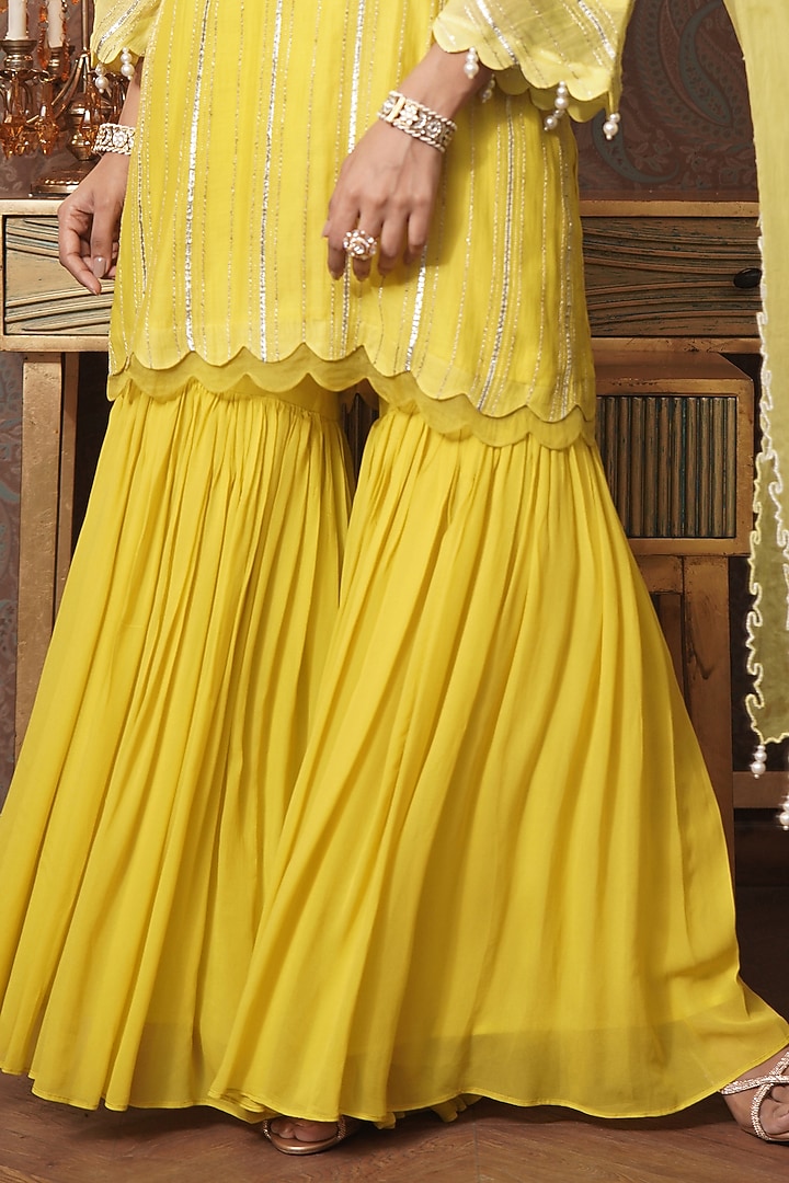 Lime Yellow Mul Chanderi Gharara Set by Surabhi Arya at Pernia's Pop Up Shop
