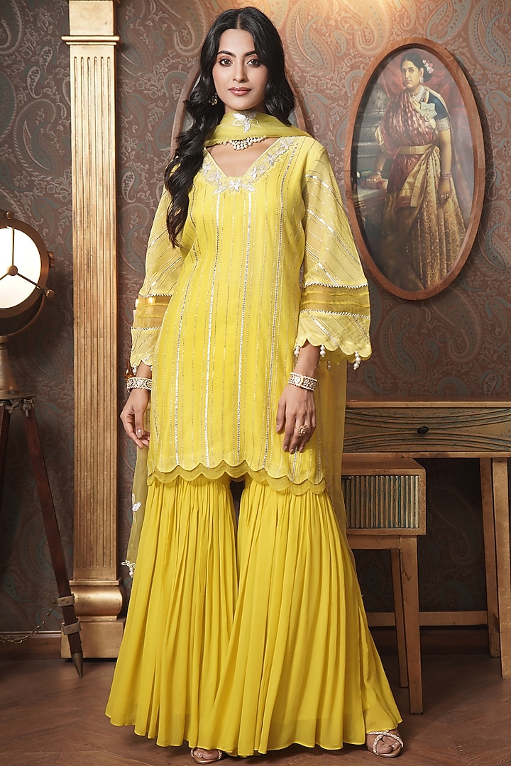 Lime Yellow Mul Chanderi Gharara Set by Surabhi Arya at Pernia's Pop Up Shop