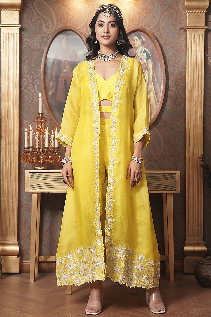 Lime Yellow Organza Cutwork Embroidered Jacket Set by Surabhi Arya at Pernia's Pop Up Shop