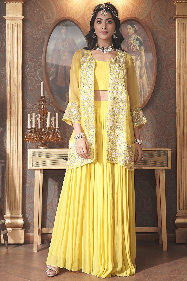 Lime Yellow Organza Thread Embroidered Jacket Set by Surabhi Arya at Pernia's Pop Up Shop