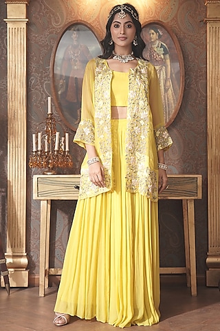 Lime Yellow Organza Thread Embroidered Jacket Set by Surabhi Arya