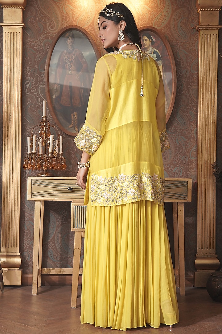 Lime Yellow Organza Thread Embroidered Jacket Set by Surabhi Arya at Pernia's Pop Up Shop