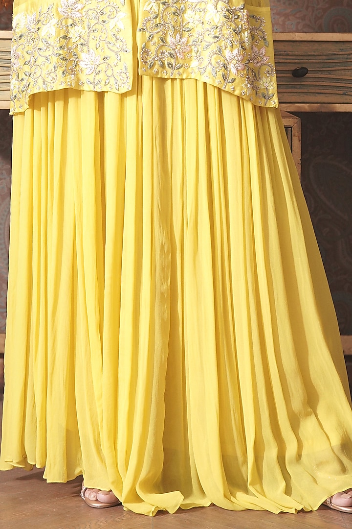Lime Yellow Organza Thread Embroidered Jacket Set by Surabhi Arya at Pernia's Pop Up Shop