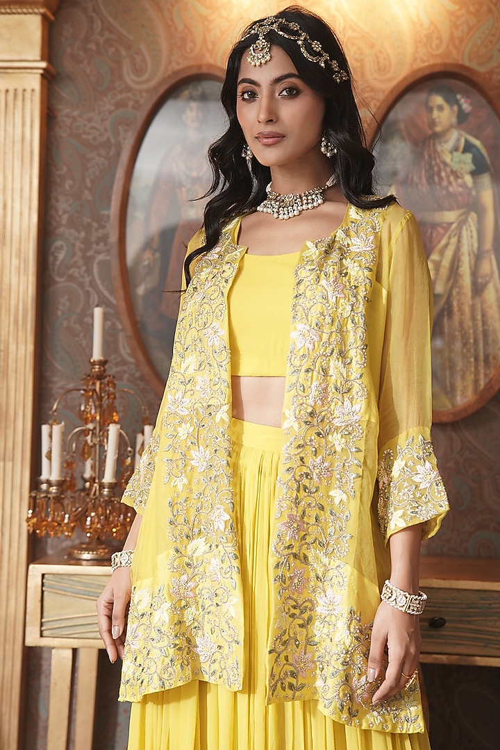 Lime Yellow Organza Thread Embroidered Jacket Set by Surabhi Arya at Pernia's Pop Up Shop