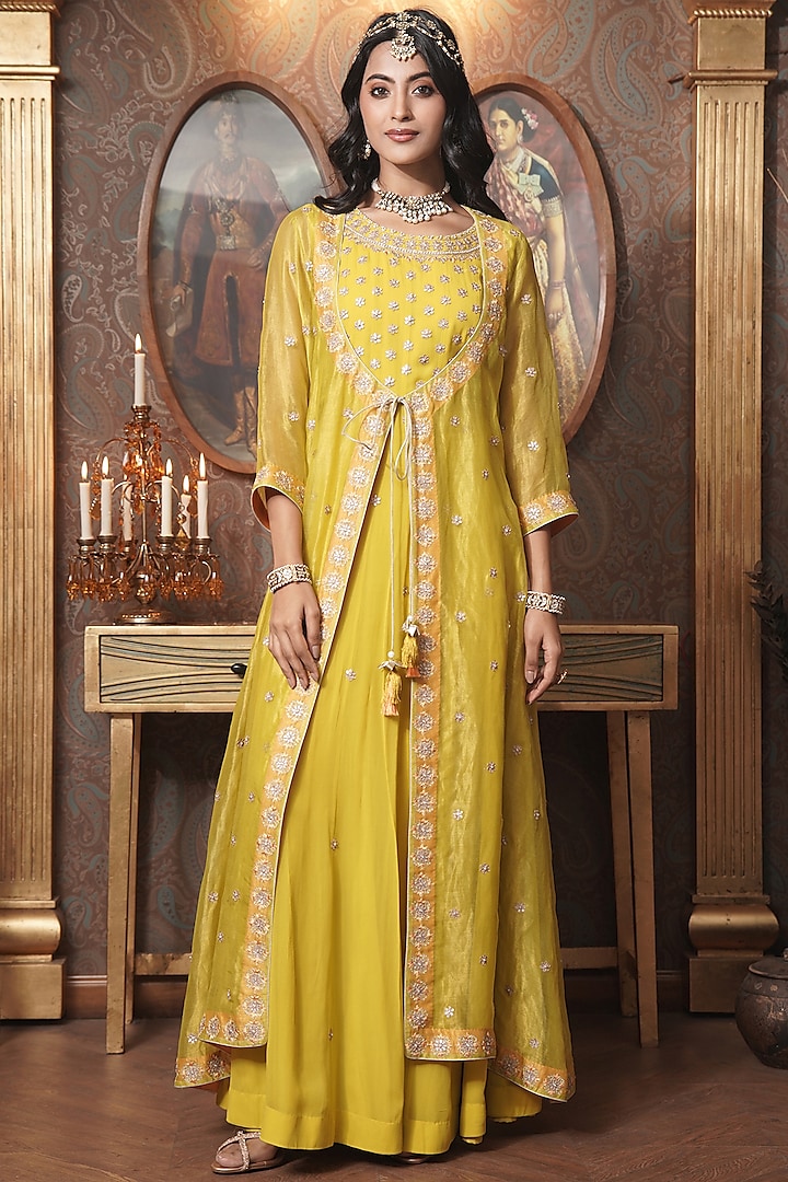 Lime Yellow Georgette Gota-Patti Work Anarkali With Jacket by Surabhi Arya at Pernia's Pop Up Shop