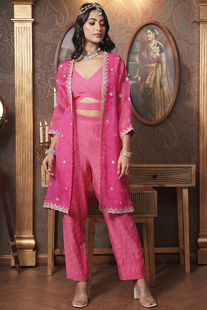 Deep Pink Organza Gota-Patti Work Jacket Set by Surabhi Arya at Pernia's Pop Up Shop