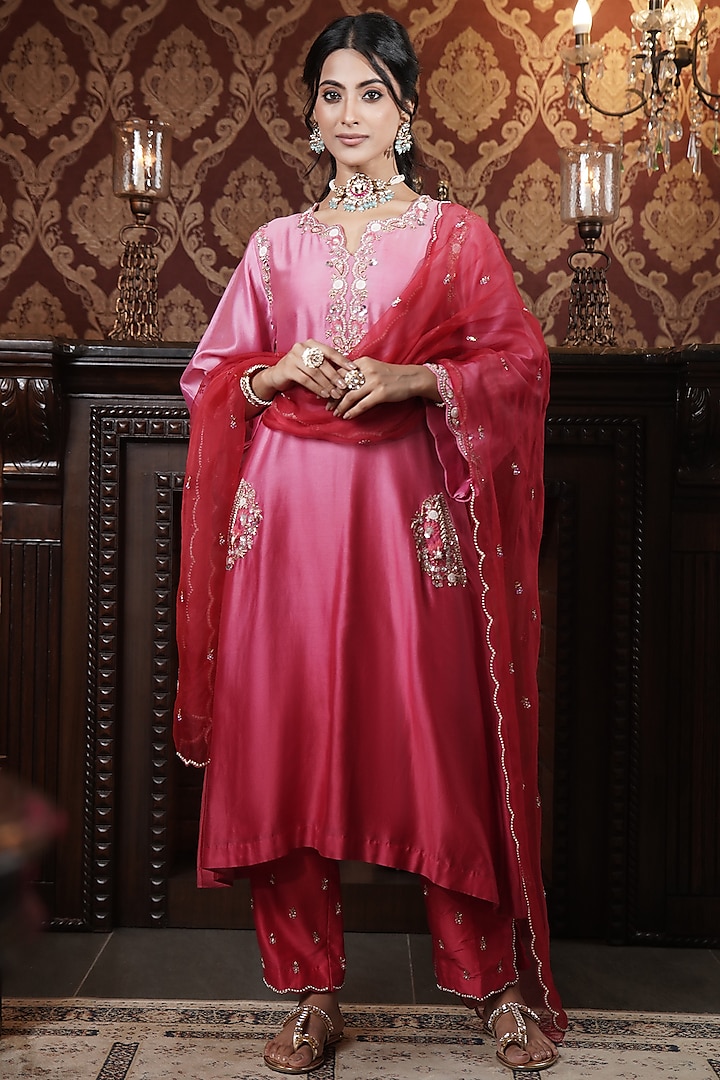 Ruby Red Chanderi Silk Hand Embroidered Ombre-Dyed Kurta Set by Surabhi Arya