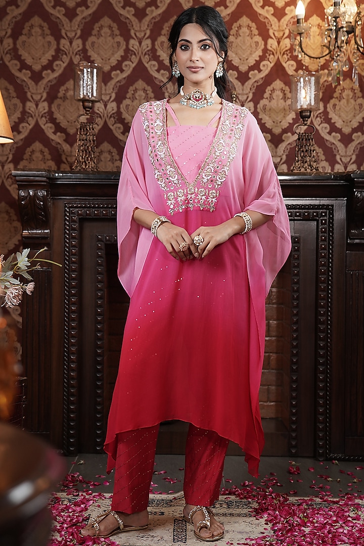 Ruby Red Ombre Georgette Sequins Embroidered Kaftan Set by Surabhi Arya at Pernia's Pop Up Shop